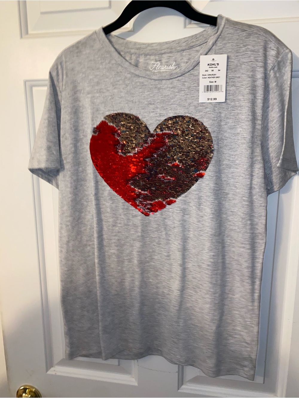 Fleurish Gray Tee with Red & Gold Reversible Sequin Heart